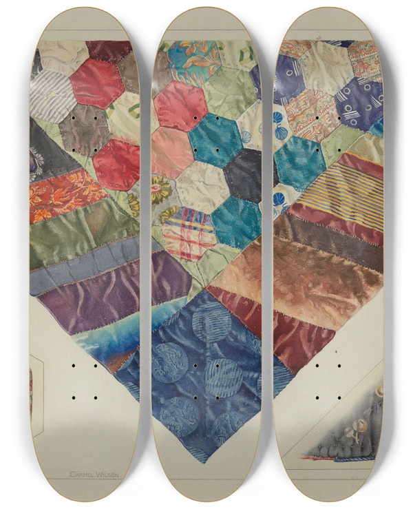 Triptych art skateboard deck of Carmel Wilson Silk Couch Cover by Carmel Wilson