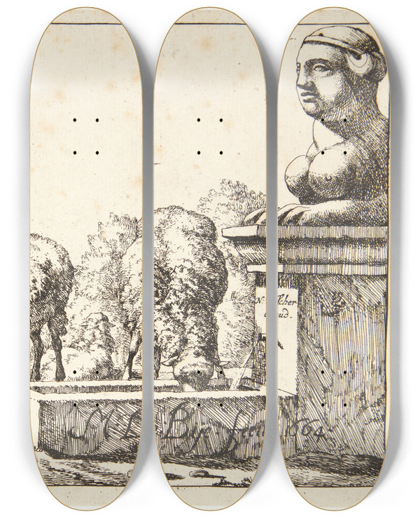 Triptych art skateboard deck of Marcus De Bye Titelblad Til Fr by Marcus de Bye (1638-1688)