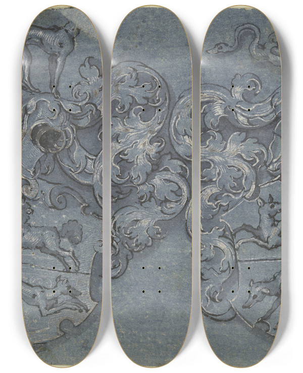 Triptych art skateboard deck of Jost Amman Two Crest Designs by Jost Amman (1539-1591)
