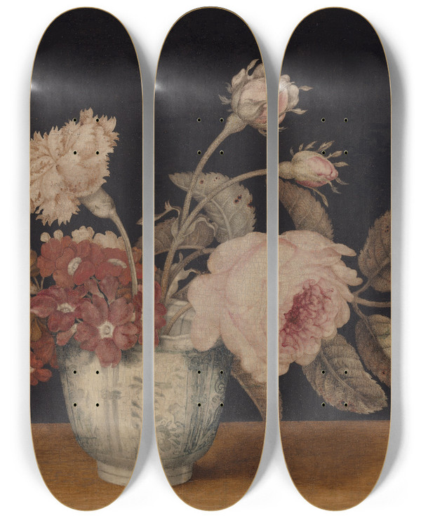 Triptych art skateboard deck of Alexander Marshal Flowers In A Delft Jar_2 by Alexander Marshal (1620-1682)