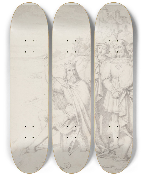 Triptych art skateboard deck of Johan Ludvig Lund Knud Den Store Ved Strandbredden by Johan Ludvig Lund (1777-1867)