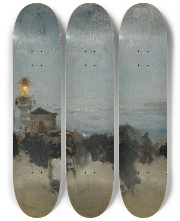 Triptych art skateboard deck of Luigi Loir Figures Near A Lighthouse by Loir Luigi (1845-1916)