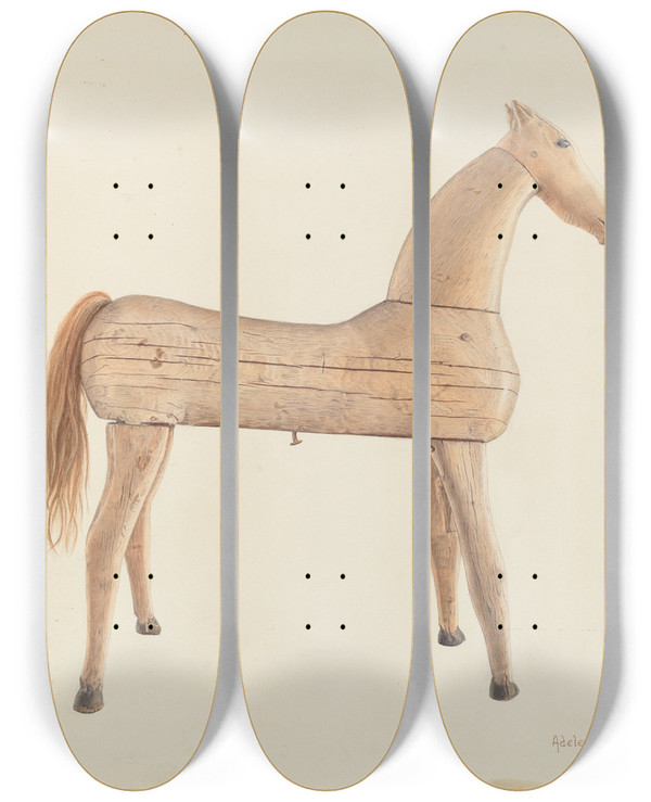 Triptych art skateboard deck of Adele Brooks Hobby Horse by Adele Brooks