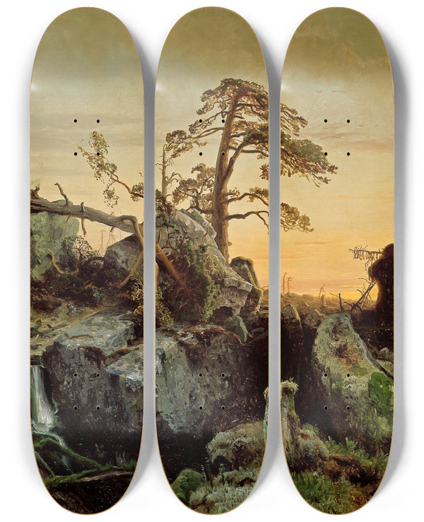 Triptych art skateboard deck of August Cappelen Landscape by August Cappelen (1827-1852)