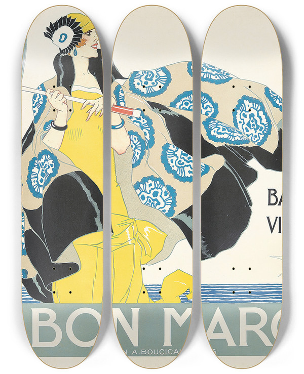 Triptych art skateboard deck of Ren Vincent Au Bon March by Rene Vincent (1879-1936)