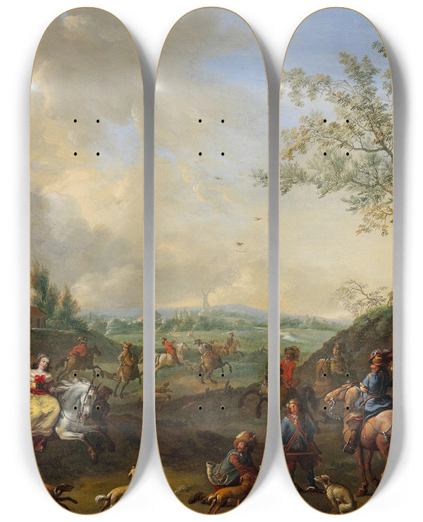 Triptych art skateboard deck of Jan Frans Van Bredael Elegant Riders In A Hunting Scene With Falcons by Jan Frans Van Bredael