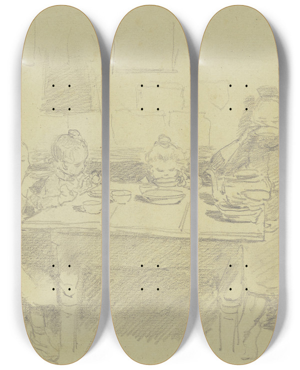 Triptych art skateboard deck of Jacob Happ Vier Schwlmer Kinder Am Tisch by Jacob Happ (1861-1936)