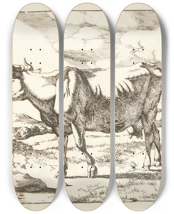Triptych art skateboard deck of Marcus De Bye Stende Ko Vendt Mod Venstre_2 by Marcus de Bye (1638-1688)