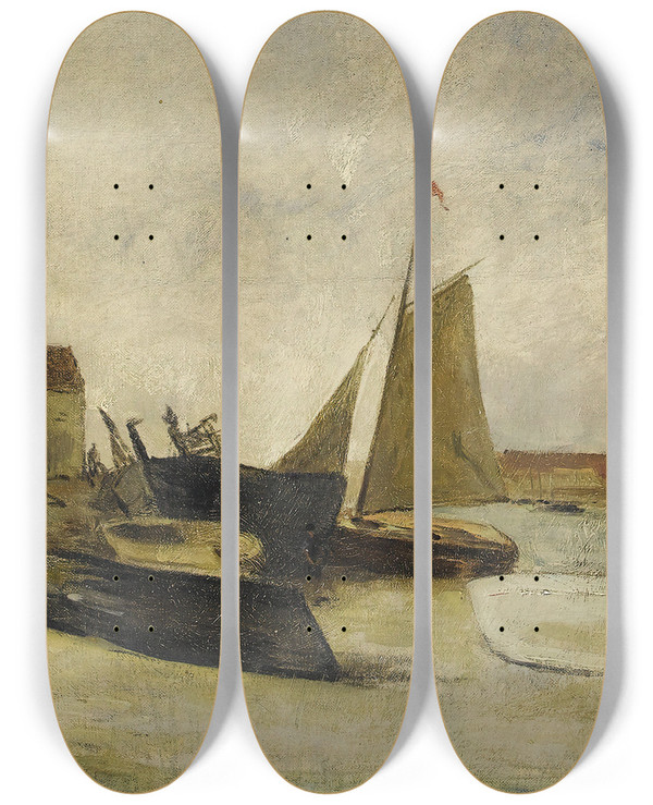 Triptych art skateboard deck of Jules Hreau Bateaux Au Port by Jules Hereau (1839-1879)
