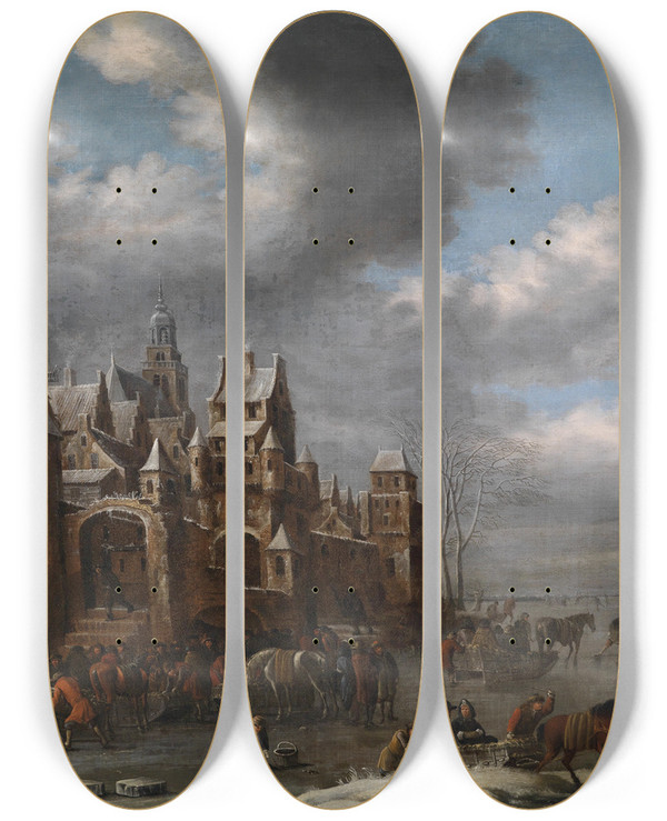 Triptych art skateboard deck of Thomas Heeremans Winterlandschaft Mit Eislufern by Thomas Heeremans (1641-1694)