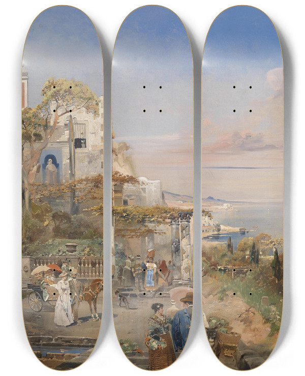 Triptych art skateboard deck of Robert Alott Sdliches Capriccio by Robert Alott (1850-1910)