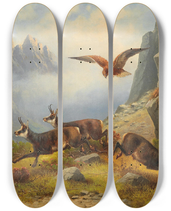 Triptych art skateboard deck of Moritz Mller Adler Auf Gemsenjagd by Moritz Melzer (1841-1899)