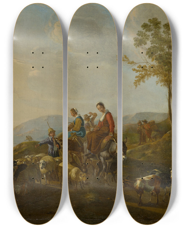 Triptych art skateboard deck of Jan Van Ossenbeeck Landscape With Shepherds by Jan Van Ossenbeeck (1624-1674)