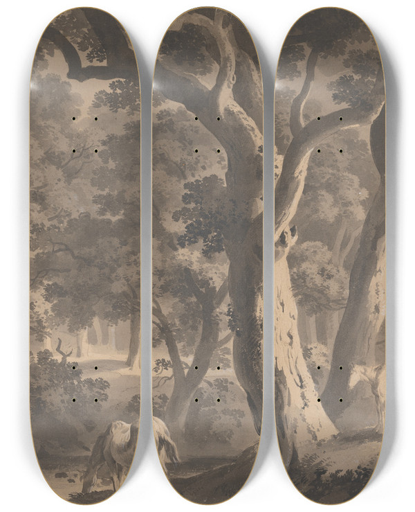 Triptych art skateboard deck of Hugh William Williams Wychwood Forest by Hugh William Williams (1773-1829)