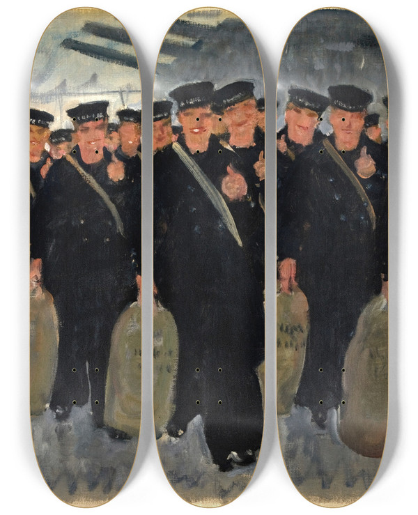 Triptych art skateboard deck of Thomas Cantrell Dugdale Sailors Embarking For Overseas by Thomas Cantrell Dugdale (1880-1952)