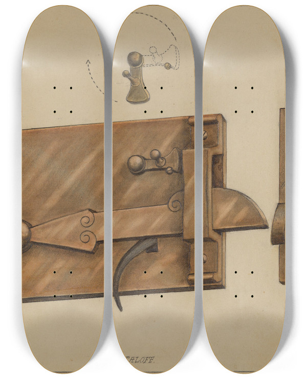 Triptych art skateboard deck of Jack Staloff Bar Latch by Jack Staloff