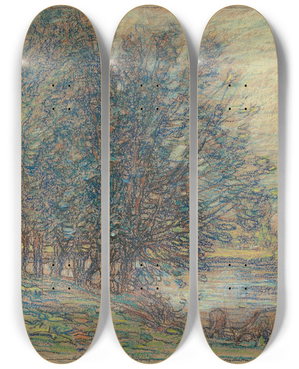 Triptych art skateboard deck of Walter Griffin Willows Longprefrance by Walter Griffin (1861-1935)