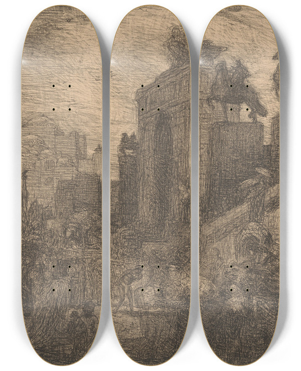 Triptych art skateboard deck of Marius Bauer Optocht Met Draagkoets by Marius Bauer (1867-1932)