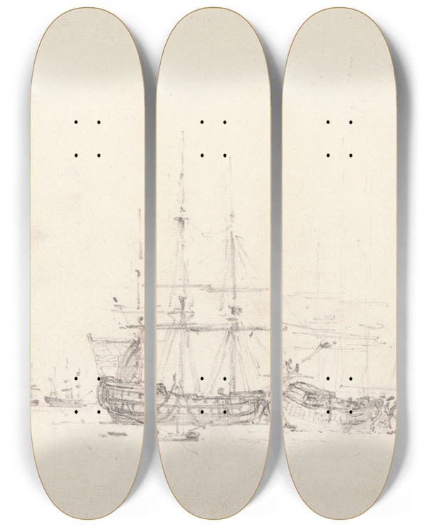 Triptych art skateboard deck of John Constable Two Ships At Anchor by John Constable (1776-1837)