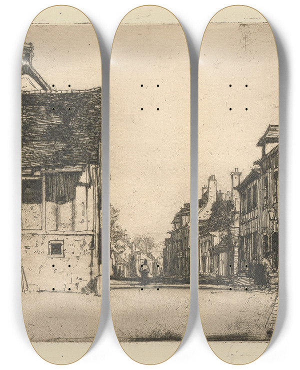 Triptych art skateboard deck of David Young Cameron A Norman Village by David Young Cameron (1865-1945)