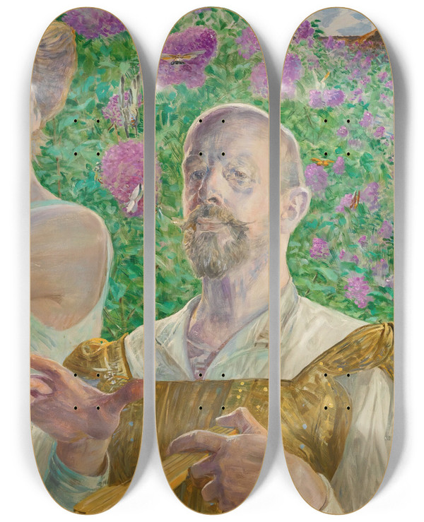 Triptych art skateboard deck of Jacek Malczewski Selfportrait With Muse Andbuddleia by Jacek Malczewski (1854-1929)