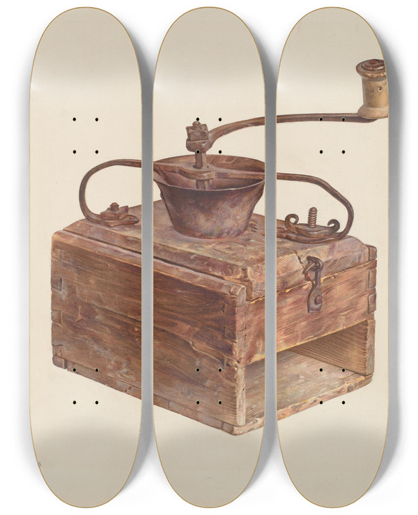 Triptych art skateboard deck of Orrie Mccombs Coffee Grinder by Orrie Mccombs