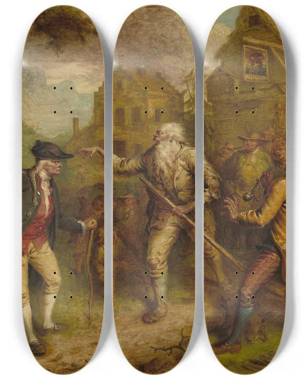 Triptych art skateboard deck of John Quidor The Return Of Rip Van Winkle by John Quidor (1801-1881)