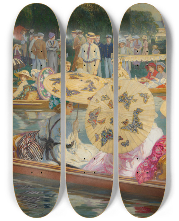 Triptych art skateboard deck of Raimund Germela Punting On The Thames by Raimund Germela (1868-1945)