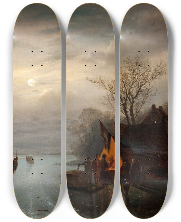 Triptych art skateboard deck of Carl Frederik Srensen Amsterdam Skating Scene by Carl Frederik Sorensen (1818-1879)