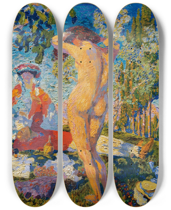 Triptych art skateboard deck of Otto Hettner Picknick by Otto Hettner (1875-1931)