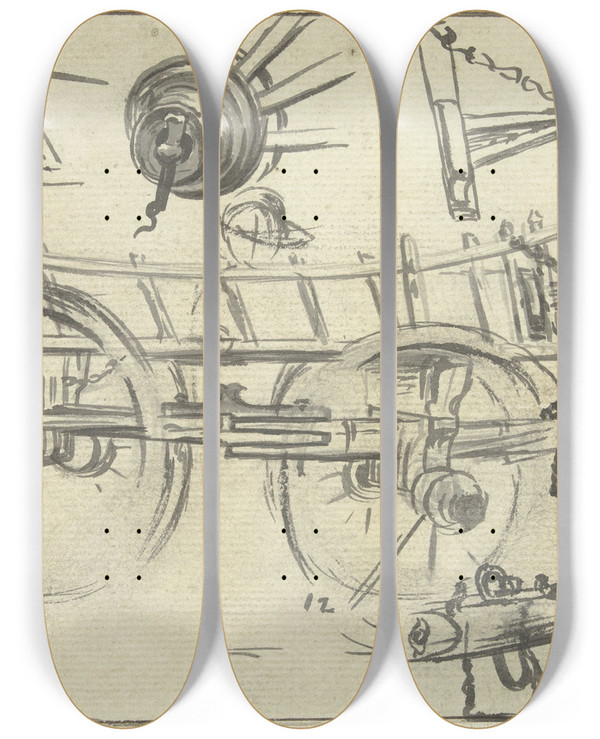 Triptych art skateboard deck of Simon Andreas Krausz Onderdelen Van De Constructie Van Een Boerenwagen by Simon Andreas Krausz (1760-1825)