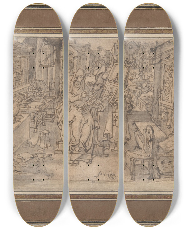 Triptych art skateboard deck of Jan Van Der Straet Vanitas by Jan van der Straet (1523-1605)