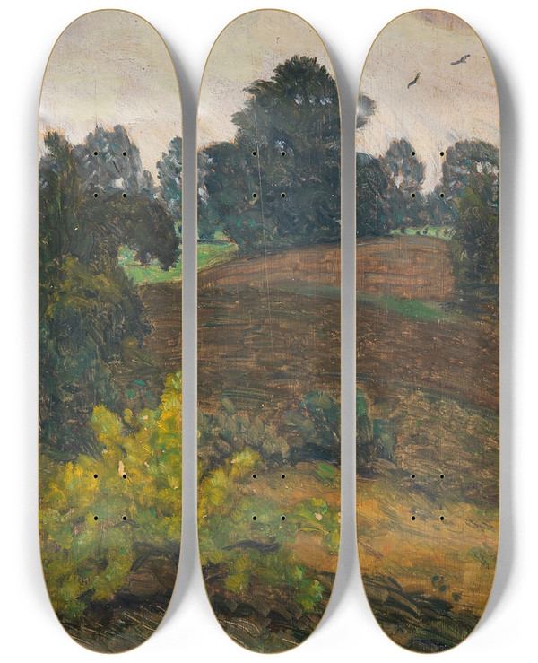 Triptych art skateboard deck of Otto Modersohn Strmischer Tag Ber Der Heide by Otto Modersohn (1865-1943)