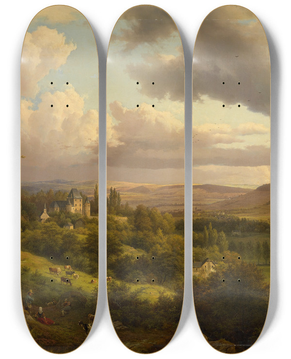 Triptych art skateboard deck of Barend Cornelis Koekkoek Luxemburgische Landschaft Mit Blick Auf Schloss Berg by Barend Cornelis Koekkoek (1803-1862)