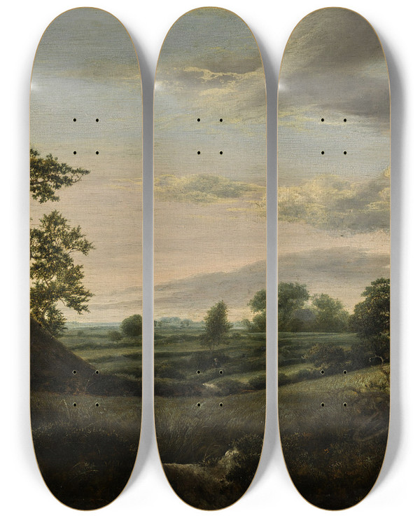 Triptych art skateboard deck of Jacob Van Ruisdael Landscape With Cornfields And A Thatched Barn by Jacob Van Ruisdael (1628-1682)