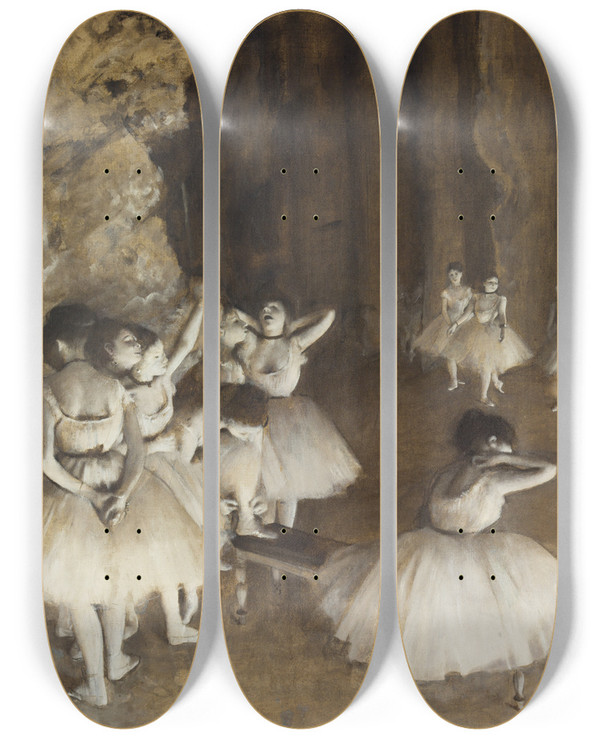 Triptych art skateboard deck of Edgar Degas Ballet Rehearsal On Stage by Edgar Degas (1834-1917)