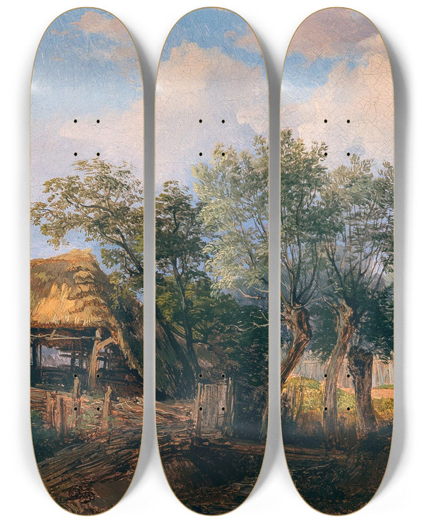 Triptych art skateboard deck of Josef Hger A Village Idyll by Josef Hoger (1801-1877)