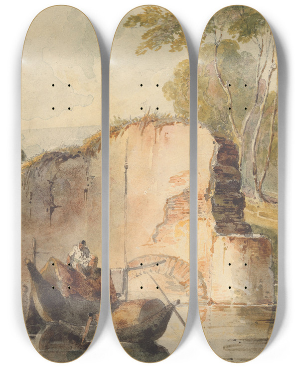 Triptych art skateboard deck of George Chinnery A River Scene by George Chinnery (1774-1852)