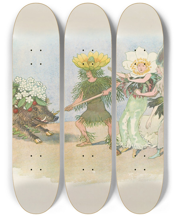 Triptych art skateboard deck of Ernst Kreidolf Adonis by Ernst Kreidolf (1863-1956)