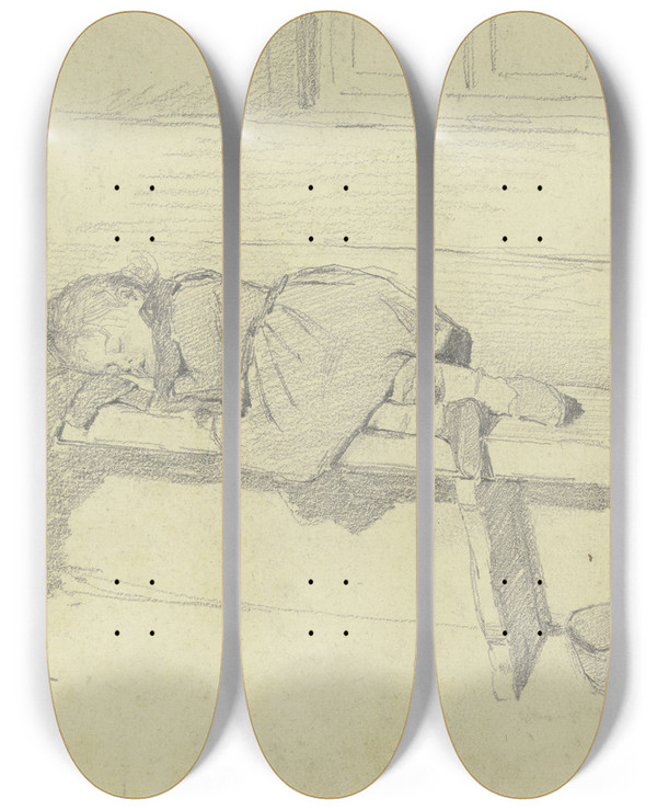 Triptych art skateboard deck of Jacob Happ Sleeping Child by Jacob Happ (1861-1936)