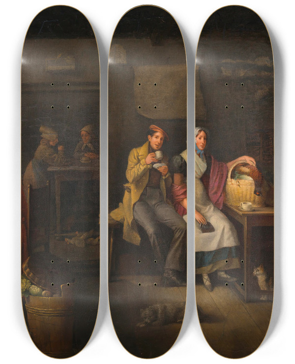 Triptych art skateboard deck of Michael Neder In Der Kaffeekche by Michael Neder (1807-1882)