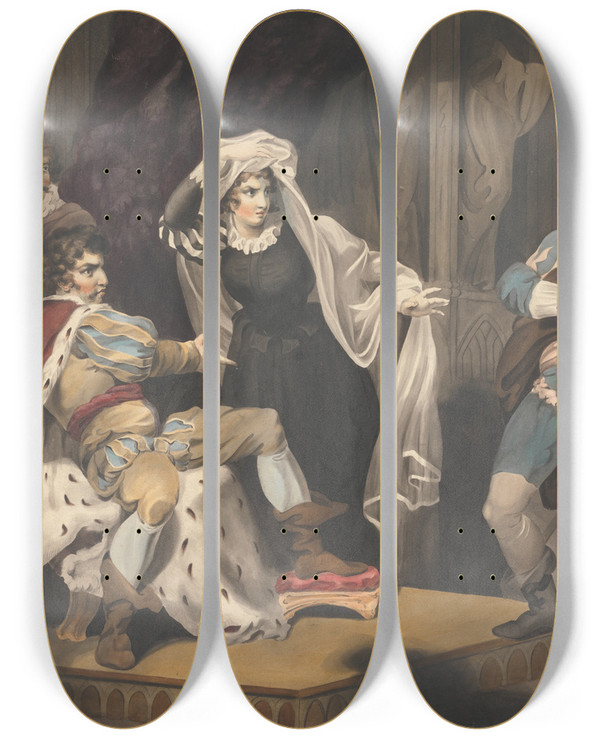 Triptych art skateboard deck of Richard Westall Theatrical Figures About A Throne by Richard Westall (1765-1836)