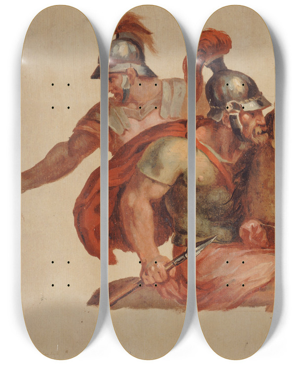 Triptych art skateboard deck of Pauljacquesaim Baudry Tudes De Cavaliers Antiques Daprs Charles Le Brun by Paul-Jacques-Aim Baudry (1828-1886)