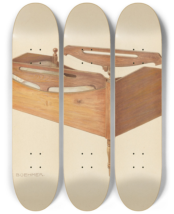 Triptych art skateboard deck of Fritz Boehmer Zoar Childs Bed by Fritz Boehmer