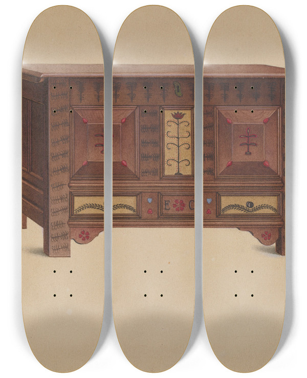 Triptych art skateboard deck of Sumner Merrill Painted Chest by Sumner Merrill