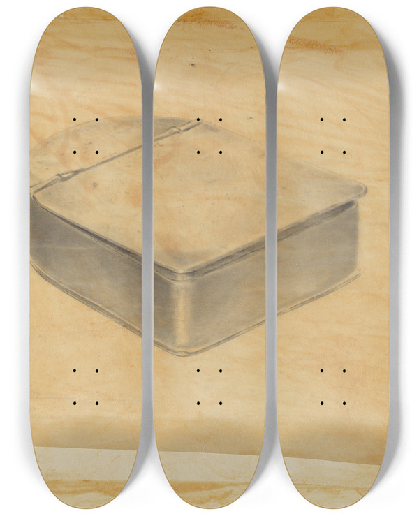 Triptych art skateboard deck of Harry Goodman Pewter Box_1 by Harry Goodman