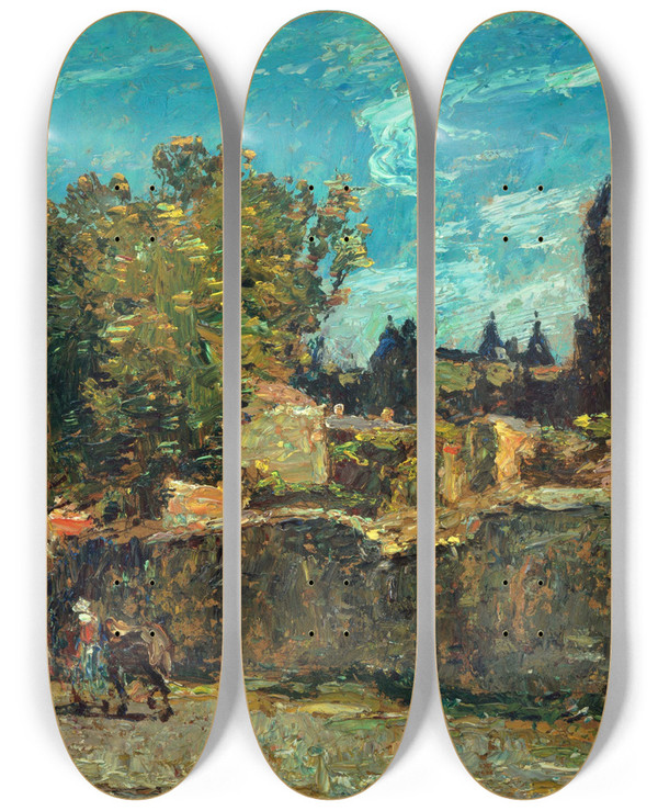 Triptych art skateboard deck of Walter Griffin Carcassonne by Walter Griffin (1861-1935)