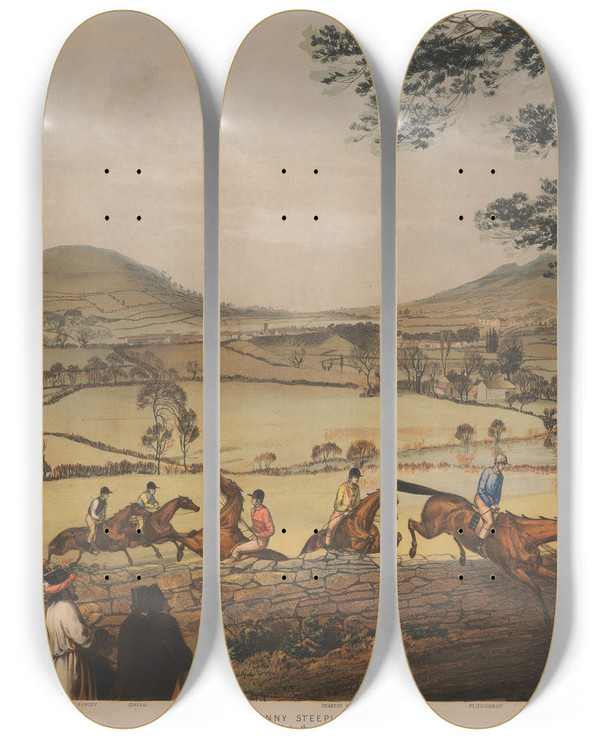 Triptych art skateboard deck of Charles Denton Abergavenny Steeple Chase Taking The Wall Pontiff General Thurgarton Dearest Mae Ploughboy by Charles Denton (19-)