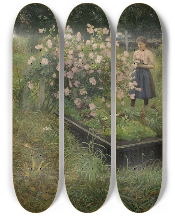Triptych art skateboard deck of Gottfrid Kallstenius Graveyard Scene by Gottfrid Kallstenius (1861-1943)