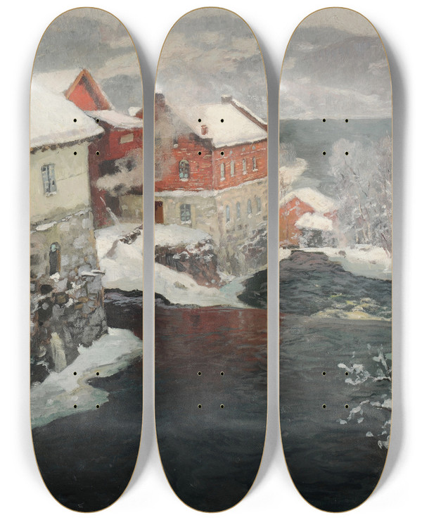 Triptych art skateboard deck of Frits Thaulow Fabriques En Norvge Les Deux Moulins Sur La Rivire Mesma by Frits Thaulow (1847-1906)